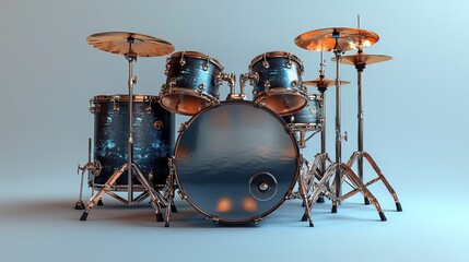 A vibrant blue drum set positioned on a smooth surface, showcasing its shiny hardware and artistic patterns