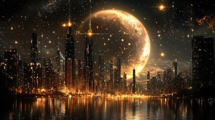 Futuristic city night view with giant moon