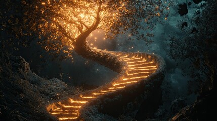 Glowing tree, stone staircase, mystical nighttime scene.