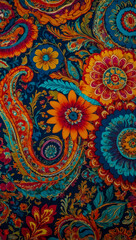A vibrant floral paisley design as a textile artwork, featuring bright colors and intricate patterns.