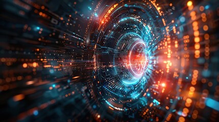 a close up of a tunnel with many lights and a blue light