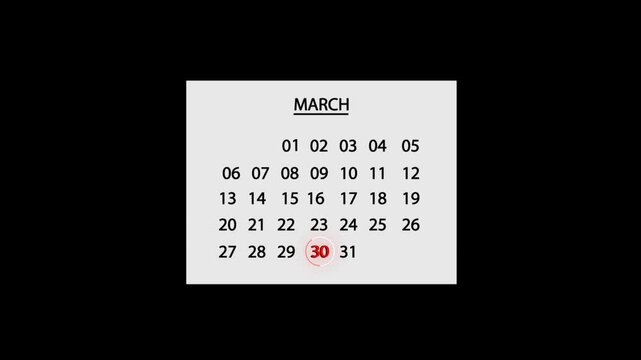 30 March Calendar Date Animation on black background. Calendar date icon loop animated. calendar important date mark. 30 march Calendar Sign. 30 march Calendar symbol. 30 march Calendar mark.