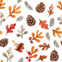 Autumn Seamless Pattern with Leaves and Pinecones in Watercolor Style