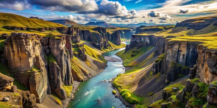 Iceland Eldgja Canyon: Breathtaking Volcanic Landscape, Sunny Blue Sky