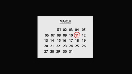  11 March Calendar Date Animation on black background. Calendar date icon loop animated. calendar important date mark. 11 march Calendar Sign. 11 march Calendar symbol. 11 march Calendar mark.