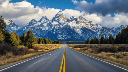 Fototapeta premium Majestic Mountain Road Trip: A Scenic Drive through the Tetons