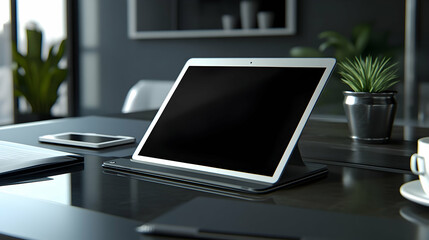 An open laptop placed on a desk in a modern office, set against a soft-focus background with bookshelves.