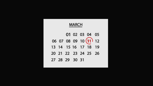 11 March Calendar Date Animation on black background. Calendar date icon loop animated. calendar important date mark. 11 march Calendar Sign. 11 march Calendar symbol. 11 march Calendar mark.