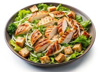 Overhead shot: Juicy grilled chicken Caesar salad, parmesan cheese sprinkled generously.