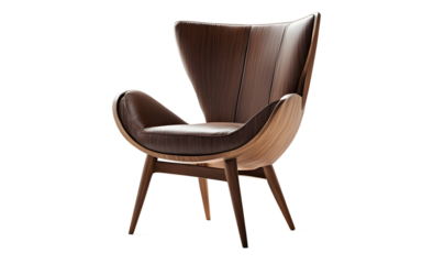 A modern wooden accent chair with a cushioned seat on a empty plain background