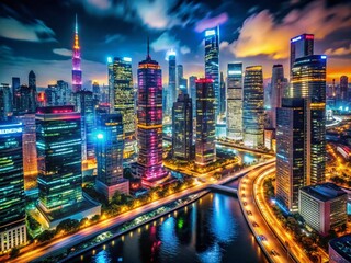 Naklejka premium Illuminated Cityscape Night - Futuristic Urban Glow