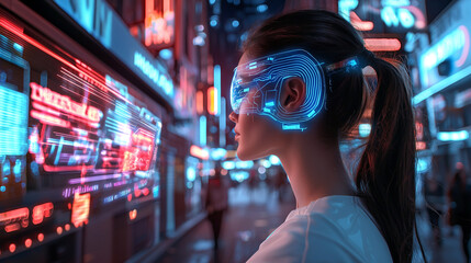 Obraz premium Cybernetic woman under neon billboards. Electric-blue veins pulse beneath her skin as holograms flicker around her.