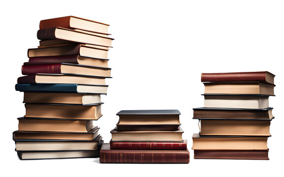 A neatly stacked pile of hardcover books with elegant covers on a empty plain background
