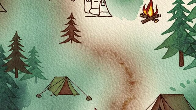 Illustrated camping map with tents, trees, and campfire scene