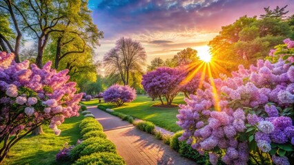 Pastel purple lilacs burst in panoramic Spring bloom, a scenic urban oasis.