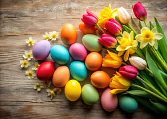 Obraz premium Pastel spring eggs nestled amongst blooming flowers, a vibrant Easter breakfast still life.