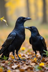 Fototapeta premium Two black crows in autumn forest with golden leaves on ground