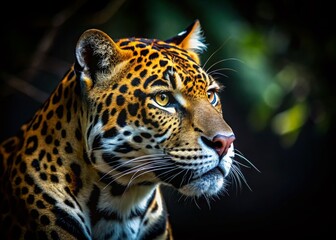 Fototapeta premium Intense Jaguar Close-Up: Spotted Fur and Powerful Gaze Against Dark Background