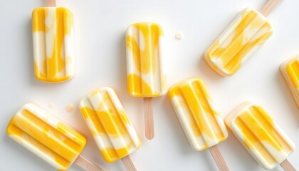 Butter Yellow Marbled Popsicles, Mango Vanilla Swirl Frozen Treats, Creamy Summer Ice Pops on White Background, Refreshing Healthy Dessert with Artistic Texture