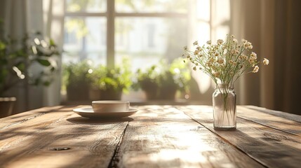 a vase with flowers on a table in front of a window
