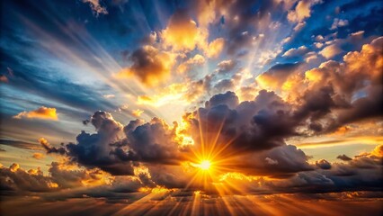 Fototapeta premium Intense Sunlight Piercing Gray Clouds - Dramatic Sunset Backlit Landscape Photography