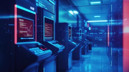 Fototapeta premium Futuristic ATM row, digital finance, glowing blue corridor, data visualization, stock photo