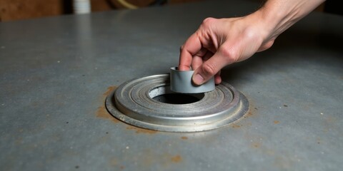 Obraz premium A hand carefully applies a piece of adhesive tape to seal a hole in a metallic surface.
