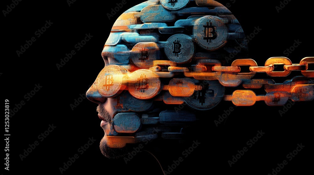 Aufkleber Conceptual representation of cryptocurrency and blockchain technology blending with human profile in digital art