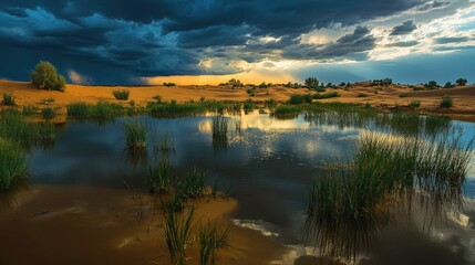 Naklejka premium Desert oasis reflects stormy sunset sky.
