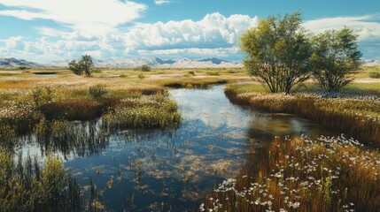 Fototapeta premium Serene wetland scene; wildflowers, creek, mountains.