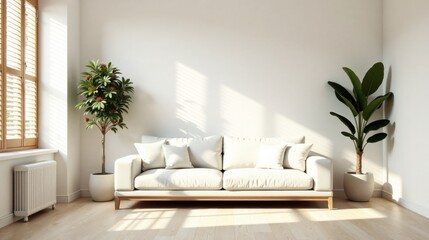 Sunlight streams through window shutters illuminating a minimalist living room with an off-white sofa and potted plants