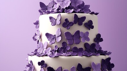 Elegant two tiered cake decorated with purple flowers and butterflies