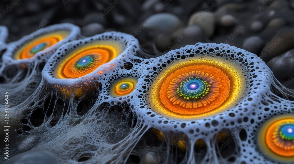 Poster vibrant abstract patterns of orange, blue and yellow circles surrounded by fluid white shapes on dar
