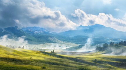 Obraz premium Misty Mountain Meadow: A Serene Landscape
