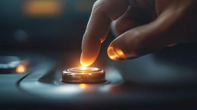 Hand igniting a high-performance car. The illuminated button glows with precision and power.