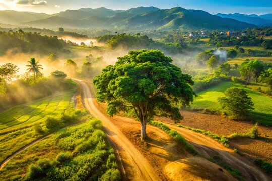 Jarabacoa, Dominican Republic: Sahara Dust Coats Rural Landscape, Majestic Tree & Street