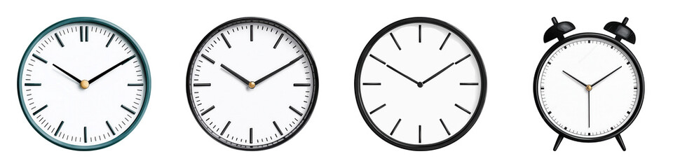 Four distinct clocks with varying creative works, showcasing different styles and features for timekeeping.