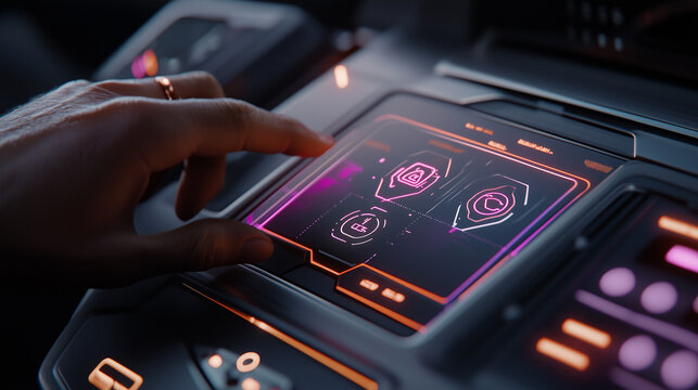 Hand pressing a futuristic start button. The cockpit illuminates with high-tech elegance.