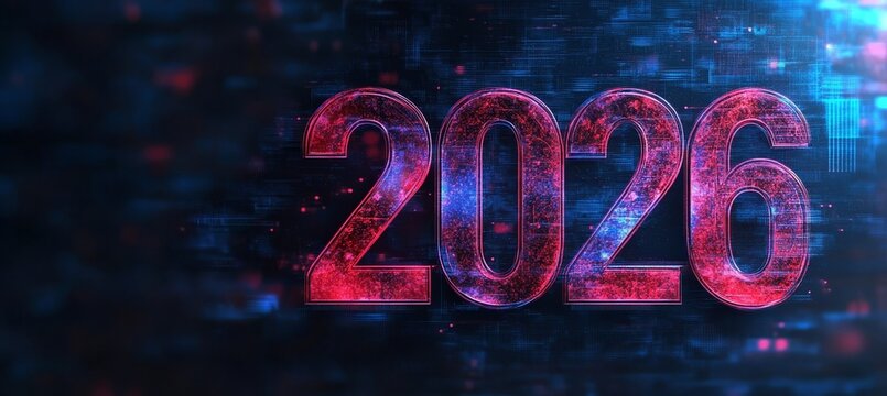Glowing Futuristic 2026 Numbers Abstract Technology Background with Digital Design Elements