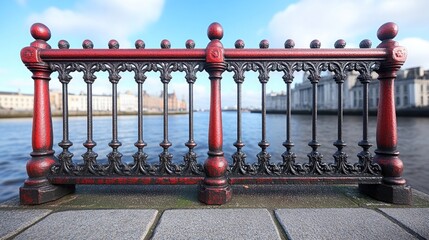 Ornate red railing overlooking city river