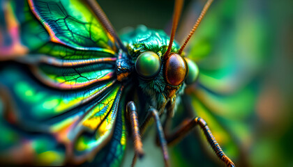 Fototapeta premium Detailed Butterfly Macro with Green and Blue Wings and Bright Eyes