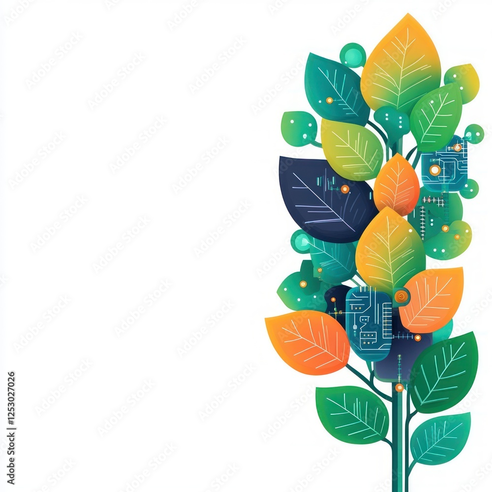Aufkleber Digital tree design with vibrant leaves and abstract technology elements representing growth and innovation