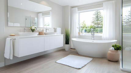 Modern white bathroom with freestanding tub, window view