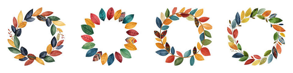 Colorful leaf wreaths arranged in a circular pattern, showcasing vibrant hues and natural textures.