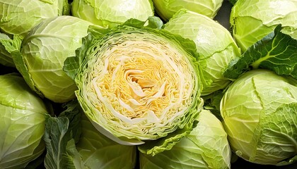 Fototapeta premium Fresh green cabbages displayed in a market with one cut open revealing layered texture