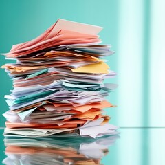 Colorful Pile of Document Papers in Bright Office Space with Soft Natural Light