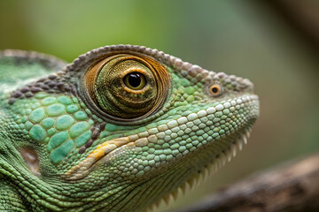 Fototapeta premium amazon rainforest, Close Up Of A Green Chameleon's Eye and Scales in Detail Photographed With