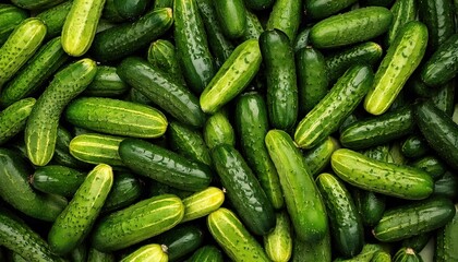 Fresh cucumbers piled together in a vibrant green display at a local market