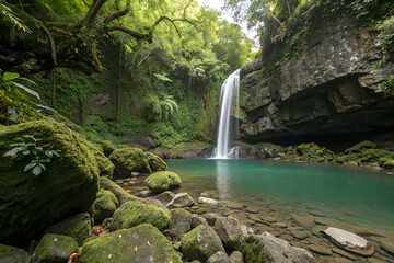amazon rainforest, Beautiful Waterfall Pool Amidst Lush Greenery With Rocks And Trees With A Calm
