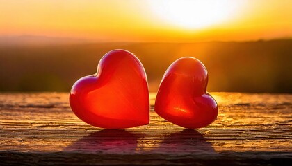 Fototapeta premium Heart-shaped decorations against a sunset backdrop evoke feelings of love and warmth